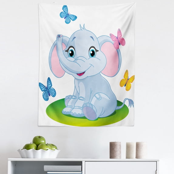 Cartoon Tapestry, Sitting on the Meadow in Spring Time with Butterflies, Fabric Wall Hanging Decor for Bedroom Living Room Dorm, 5 Sizes, Pale Blue Green Pink, by Ambesonne
