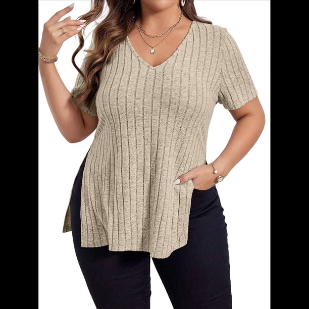 Blusas de Talla Grande para Mujer, Informales, con Cuello en V, Corta y Dobladillo Dividido, para Verano Albaricoque 4XL