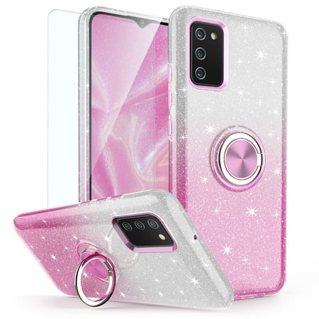 TJS Phone Case for Samsung Galaxy A02S Case, with Tempered Glass Screen Protector, Two Tone Shinny Glitter Metal Ring Magnetic Support Kickstand Cover (Pink)