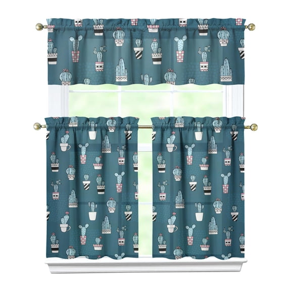 Cactus & Succulent Kitchen Curtains Set - Boho Farmhouse Window Treatment for Small Windows (54x18   2x27.5x36 Inch)
