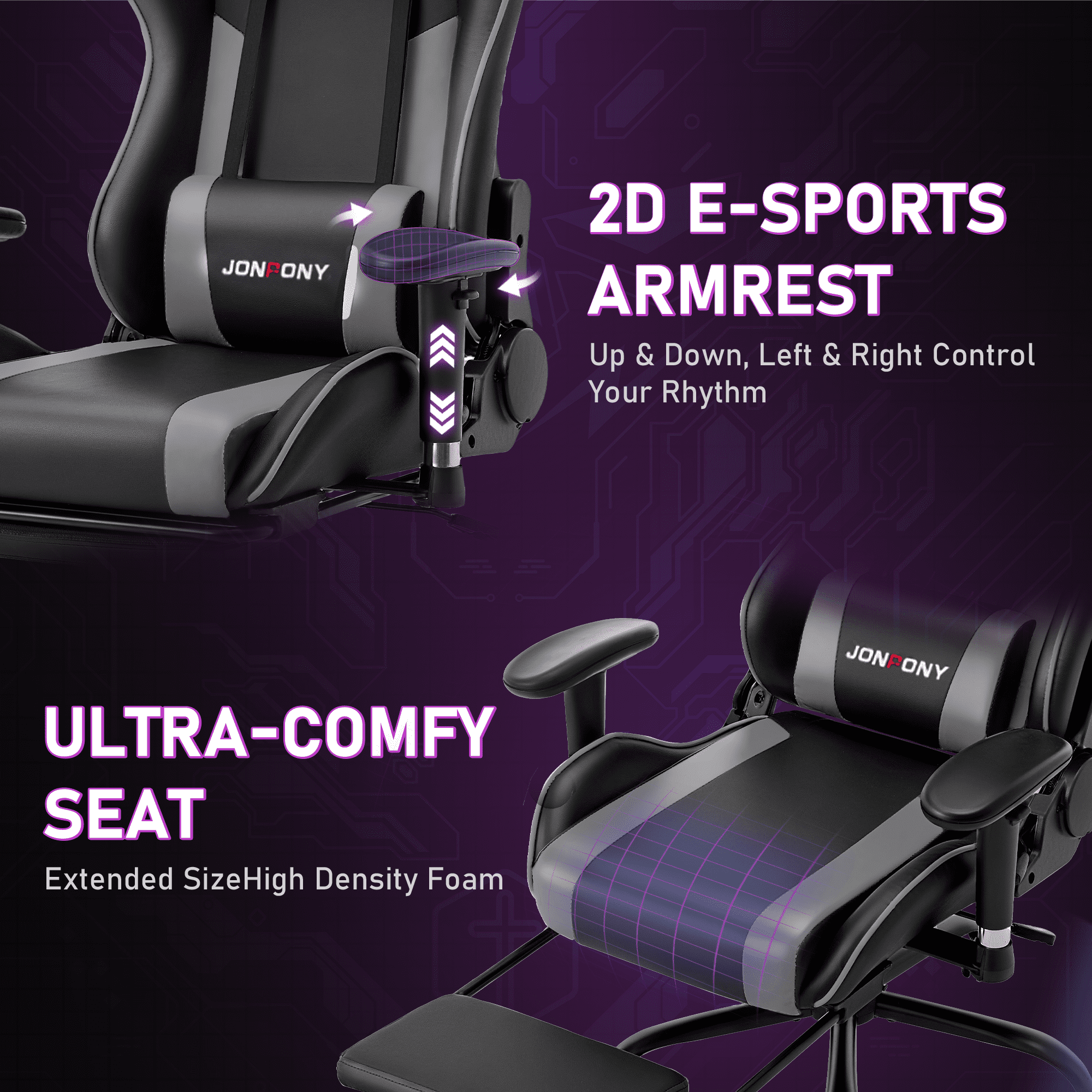 JONPONY Game Chair,Ergonomically Designed Computer Chair with headrest and 2D Armrests,with Footrest and Lumbar Support,High Back Office Chair Support 8 Hours Long Sitting,Computer Chair,BLACK