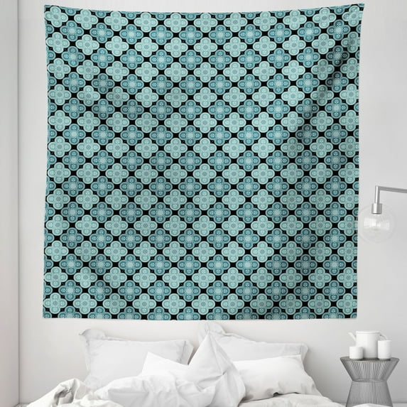 Moroccan Tapestry, Floral Inspire Mediterranean Oriental Damask Print, Fabric Wall Hanging Decor for Bedroom Living Room Dorm, 5 Sizes, Teal Petrol Blue, by Ambesonne