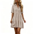 thumbnail image 2 of Guieoi Summer Dresses for Women Plus Size Casual Striped Cotton-Linen Collared Short-Sleeve Button-Down Midi Dress Brown S, 2 of 7