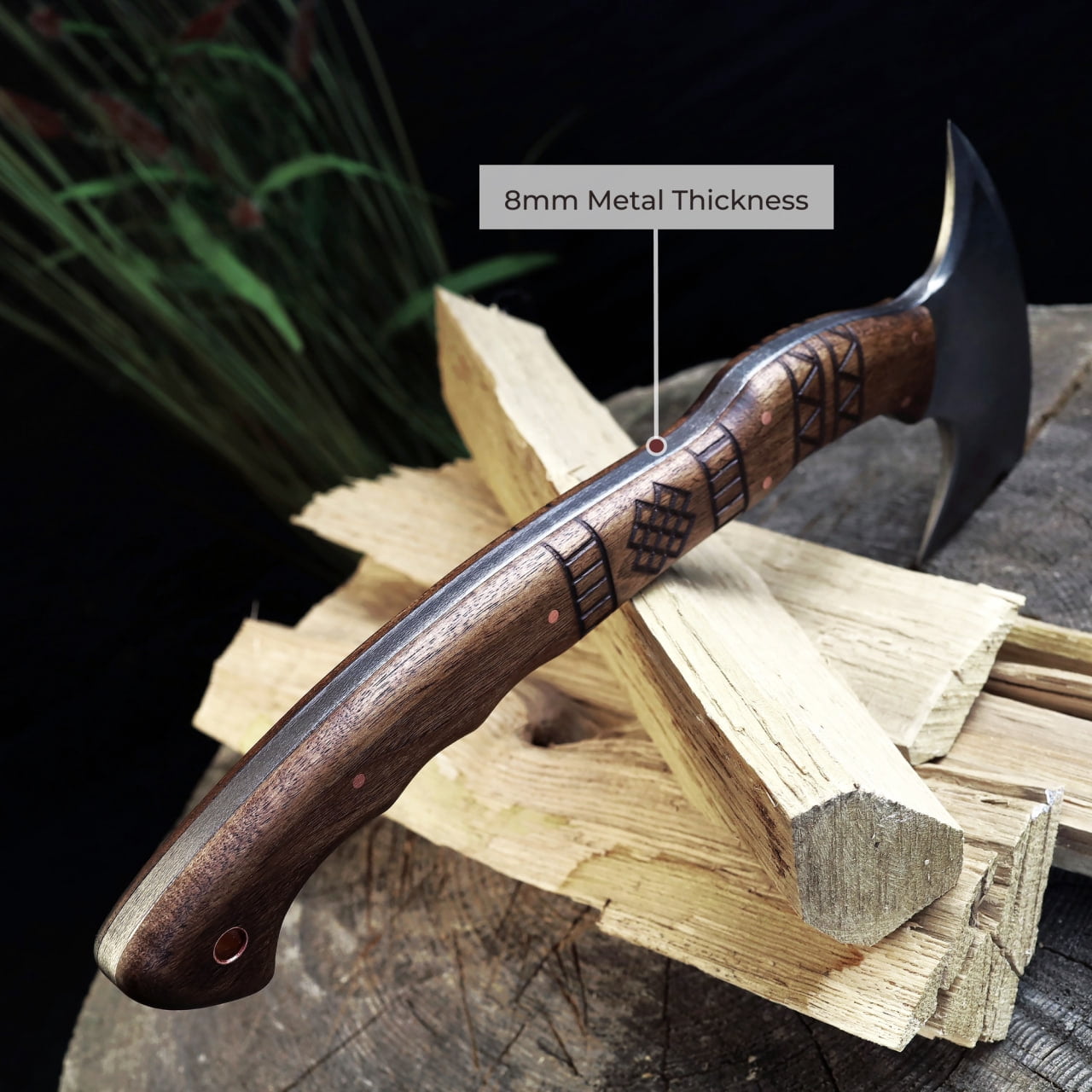 13.77" Camping Hatchet w/ Engraved Wooden Handle, Handmade Camping Axe