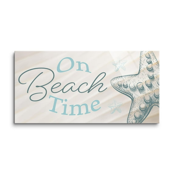 On Beach Time Green Starfish White Sand 16 x 8 Glass Wall Hanging Sign