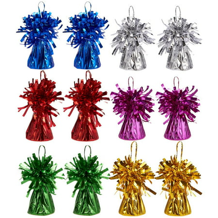 Set Of 12 Balloon Weights - Foil Tinsel Balloon Weights For Kids Birthday Party Supplies, Superhero Party Supplies, 6 Assorted Colors - 2.5 X 3.5 Inches