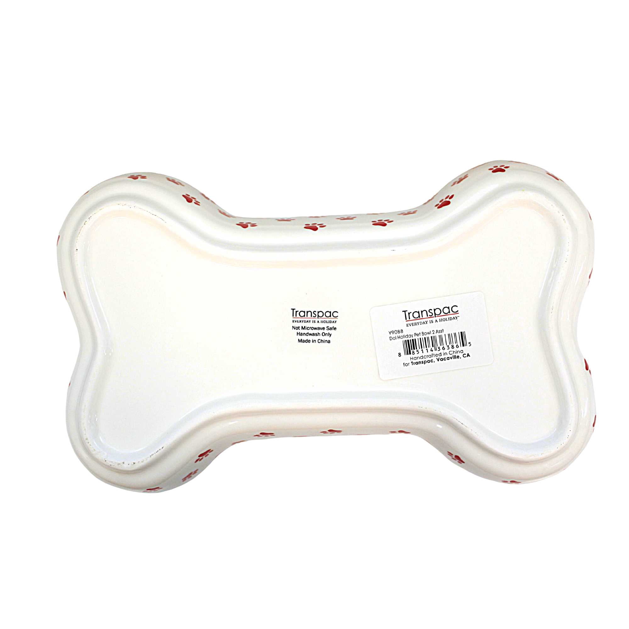 Transpac Holiday Pet Bowls - One Bowl 1.75 Inch, Ceramic - Bone Shape Paw Prints Y9088 Red