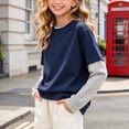 thumbnail image 6 of Xdegoge Boys Girls Crewneck Sweatshirts Long Sleeve Layered Look Color Block Pullover Tops Casual Fall Comfy Athletic Activewear 3-15 Years Navy 5-6 Years, 6 of 6