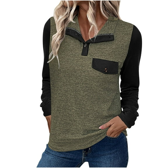 miqiqism Women Patchwork Pullover Polo Tops Fashion Button Down Tshirts Casual Colorblock Tee Lady Casual Collared Top Blouses Basic 2025 Long Sleeve Shirt,01_Army Green,Medium