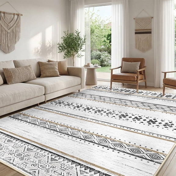 NewBuros 8'x10' Area Rugs for Living Room, Machine Washable Rug Non-Slip, Soft Low Pile Boho Moroccan Neutral Geometric Indoor Rug for Bedroom Kitchen Dining Room, Black Brown