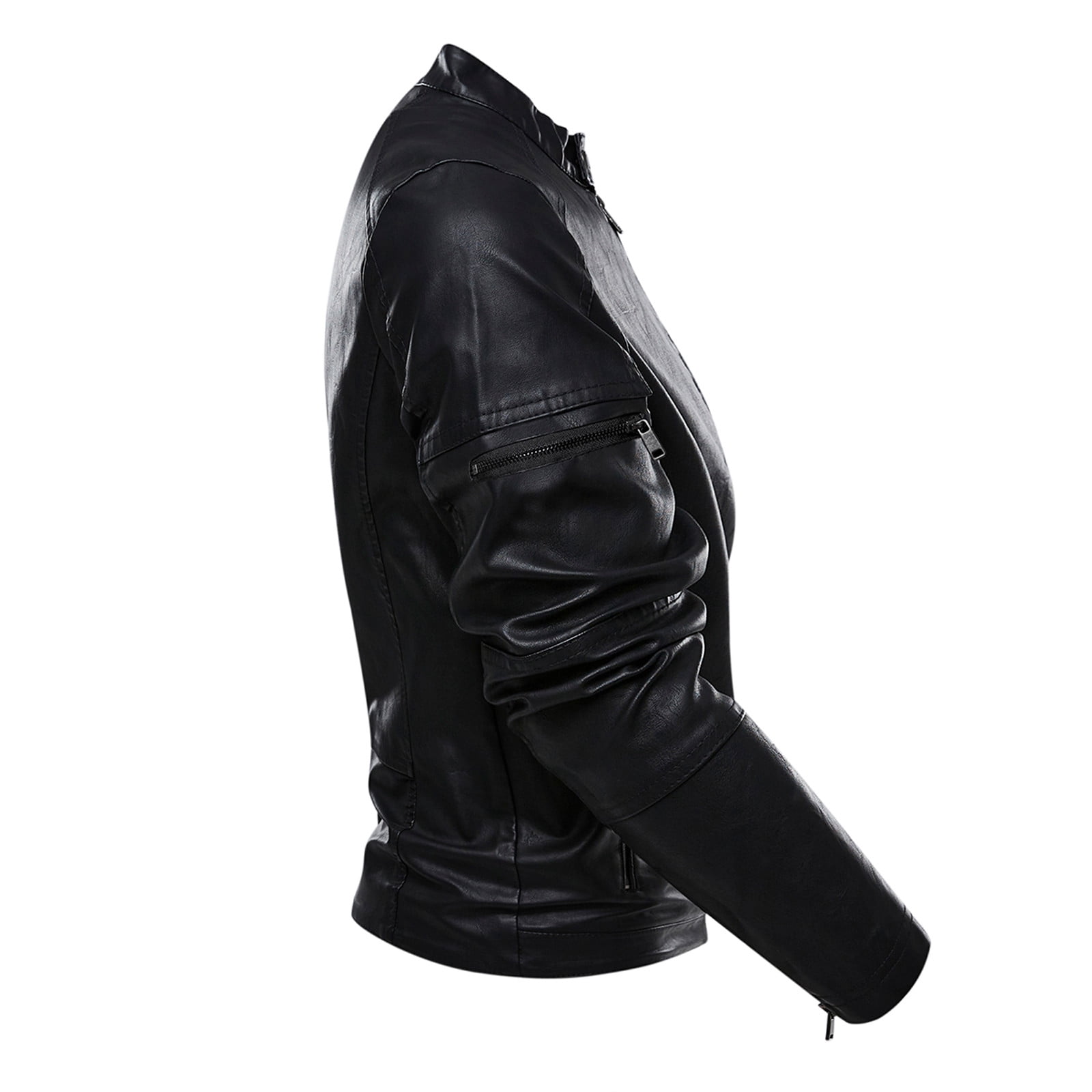 HAPIMO Leather Jacket Men's Casual Stand Collar Slim Leather Sleeve Flight Jacket Faux Leather Biker Jacket Black L