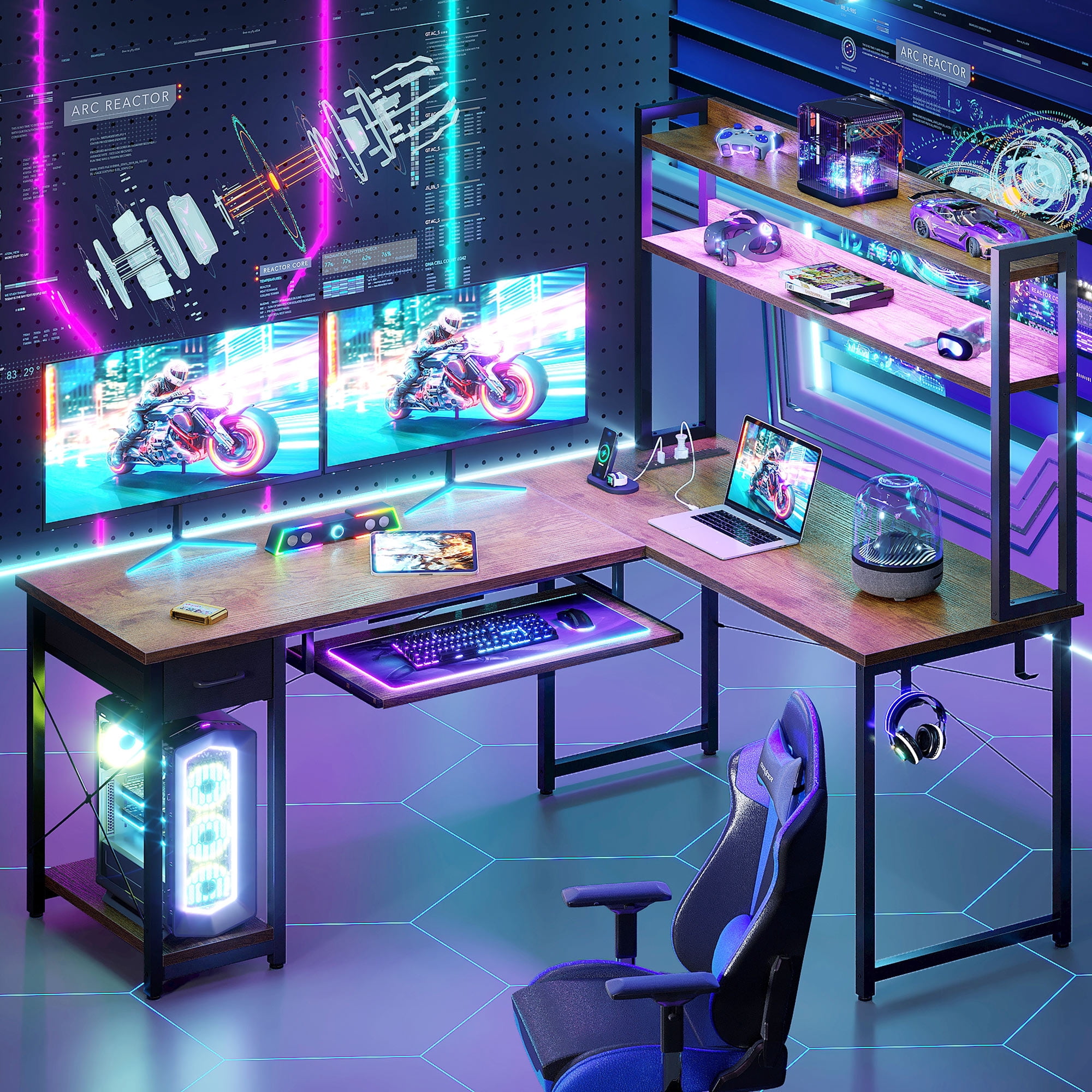 59" Reversible L-Shaped Gaming Desk with Power Outlets & LED Lights, Office Desk with Storage Drawer & Keyboard Tray for Home Office, Corner Computer Desk with Hutch, Vintage