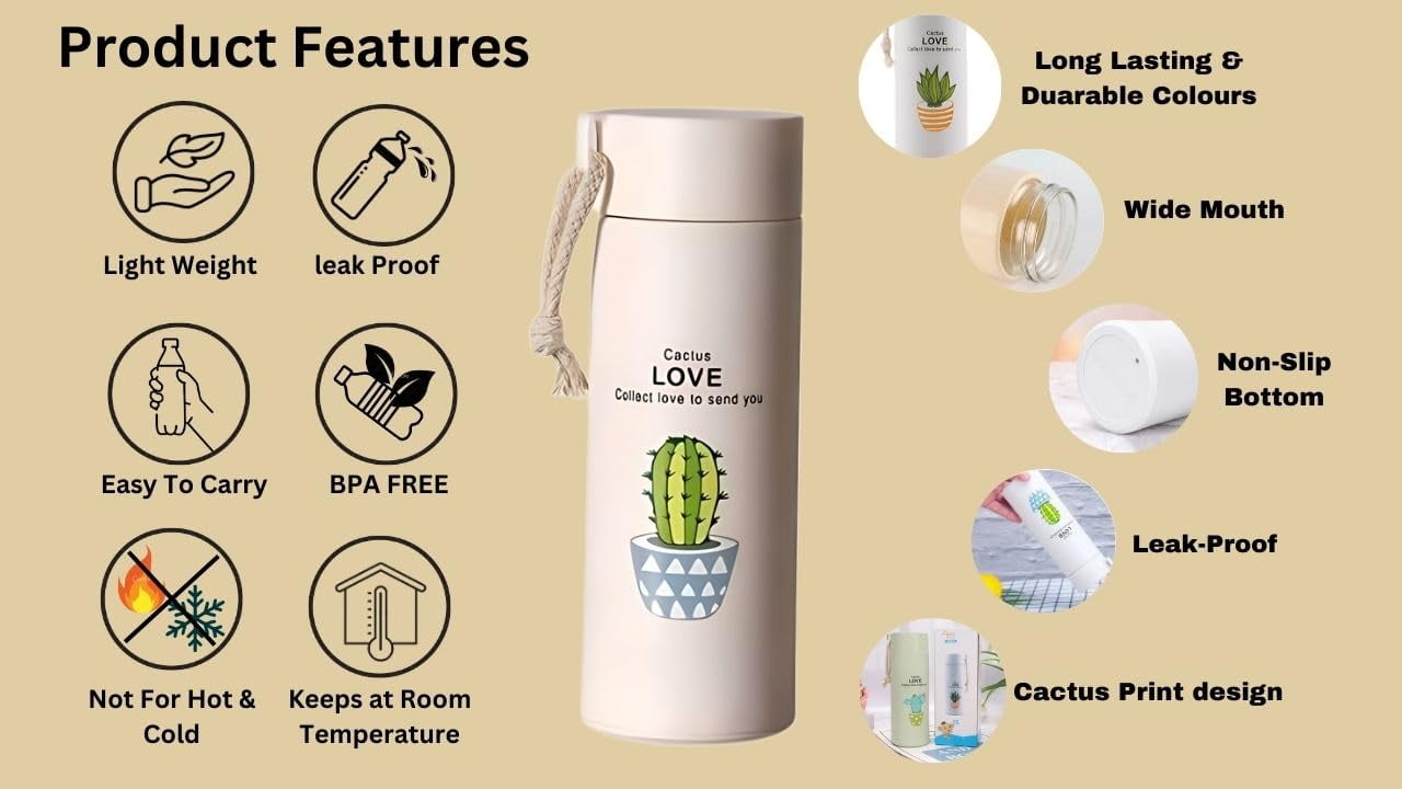 Pack of 2 - Premium Plant Print Glass Water Bottles, 450ml | Leak-Proof & BPA Free | Durable & Easy to Carry | Ideal for School, College & Outdoor (Random Colors)