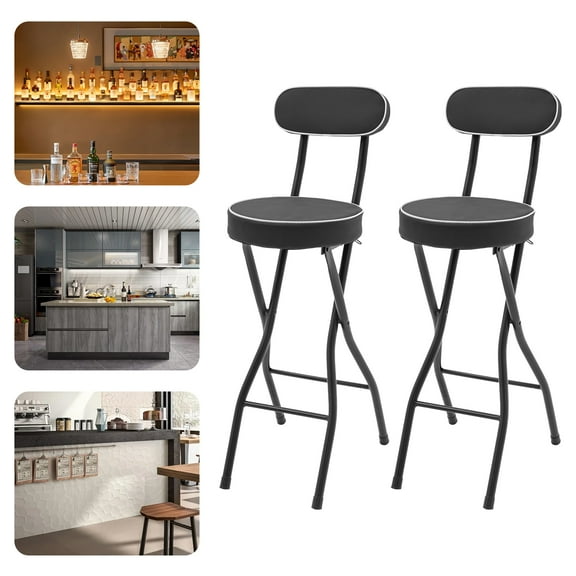 No-Assembly Bar Stools 2PCS, 25.6" Foldable Height, Black PU/Plywood Seat, 11.02" Backrest, Footrest Rod, Wipe-Clean Surface, Great for Travel, Bars, and Home Offices