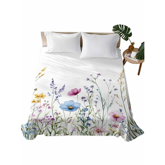 Spring Floral Flat Sheets Only California King Size, Soft Breathable Bed Top Sheets for Mattress, Colorful Botanical Wildflower Summer Luxury Bedding Flat Sheets for Home Hotel Bedroom Bed Protection