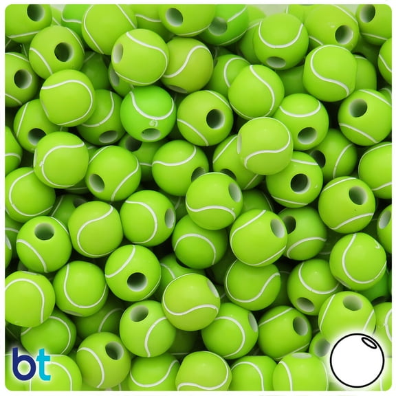BeadTin Green Opaque 12mm Round Pony Beads - White Tennis Ball Design (48pcs)