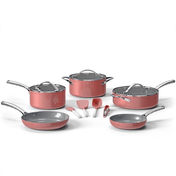 Bakken 12-Piece Aluminum Cookware Set with Ceramic Nonstick, All-Stovetop Safe to 500°F, Pots & Pans with Lids, Silicone Utensils, Dishwasher Safe