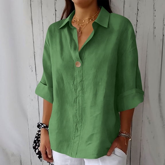Gamivast Linen Shirts for Women One Button Loose Fitted Going out Tops Lapel Collared 3/4 Sleeve Casual Blouses Dressy Summer Office outfits