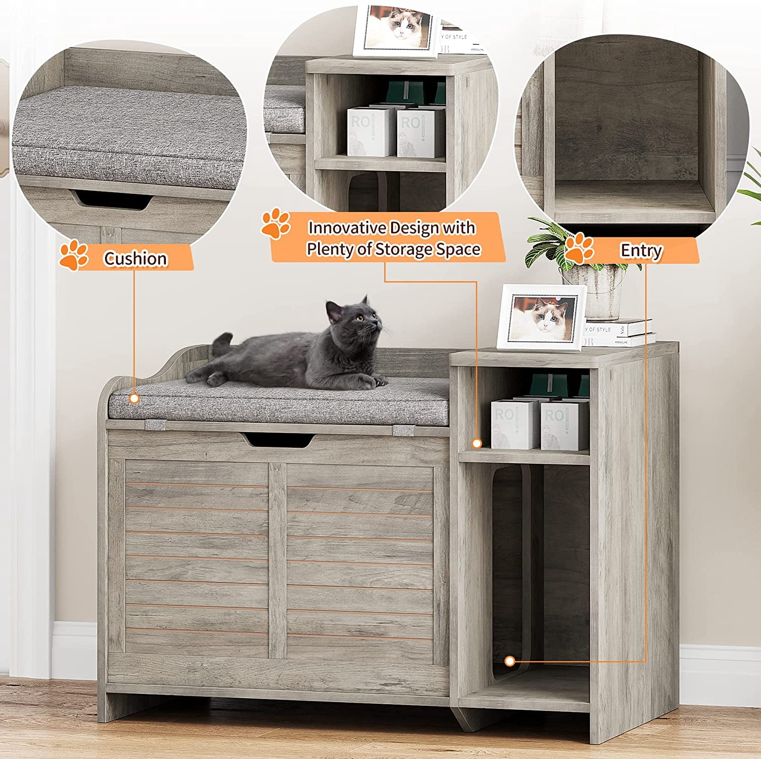 GAOMON Cat Litter Box Enclosure Furniture with Top Opening, Cushion & Storage, Hidden Litter Box Cabinet for Privacy, Modern Cat House, Grey