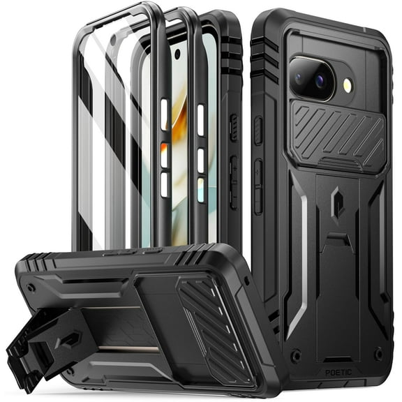 Poetic Revolution Case for Google Pixel 9A 5G, [Slide Camera Cover], Built-in Screen Protector [Work with Fingerprint ID], Black