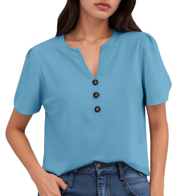 Hiiyo Women's Short Sleeve Casual T Shirt Button V Neck Solid Summer T-Shirt, Light Blue L