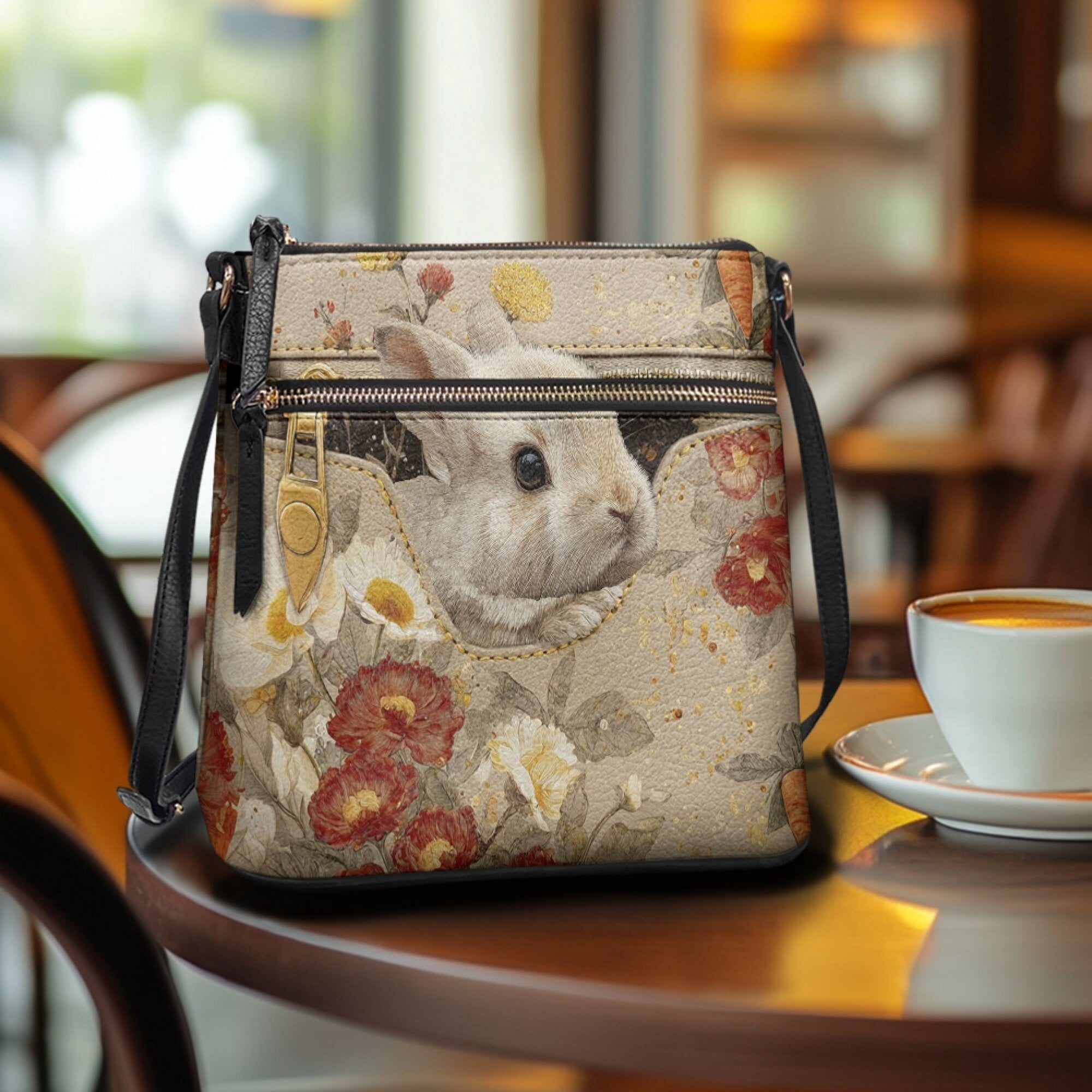 LedBack Bunny Floral Print Crossbody Purses for Women Satchel Bag Leather Hobo Bags Medium Size Shoulder Handbag Purse Messenger Bag with Adjustable Strap, Beige