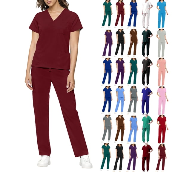 Scrub Sets for Woman Plus Size Short Sleeve V-Neck Solid Color Nursing Uniform Tops and Pants 2 Pieces with Pockets