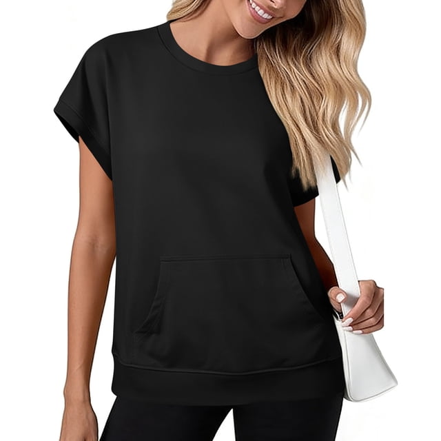 Camiseta Negra de Manga Larga de Manga Corta de la Mujer Batwing con Bolsillo de Canguro, Top Casual de Lana Suave para el Salón Y el Uso Diario