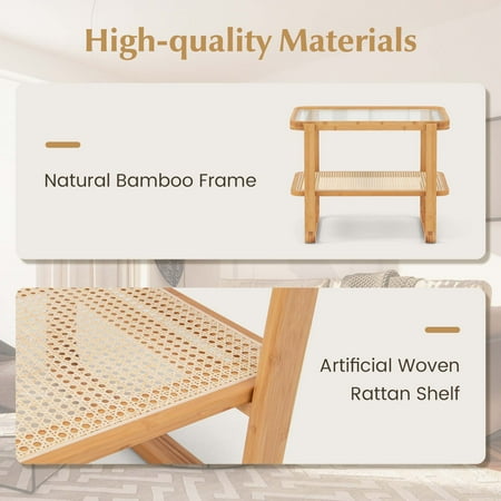 Costway 1 PC Bamboo Side Table with Rattan Shelf Glass Top Nightstand Small Sofa End Table - Natural