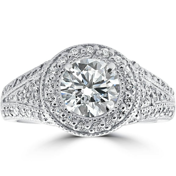 Pompeii 1 1/2ct Diamond Halo Engagement Ring 14K White Gold Vintage Milgrain (G/H,I1-I2)