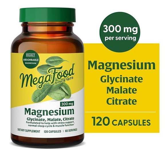MegaFood Magnesium Glycinate, Citrate & Malate 300mg; Highly Absorbable Triple Magnesium Complex For Women & Men; Supports Heart, Bone, Nerve Health & Normal Sleep Cycles, 120 Capsules, 60 Servings