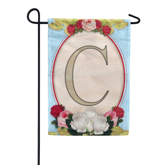 America Forever Spring Monogram Garden Flag Letter C 12.5 x 18 inches Double Sided Vertical Outdoor, Yard, Lawn, Beautiful Floral Design, White, Red, Pink Roses, Summer Flower Garden Flag