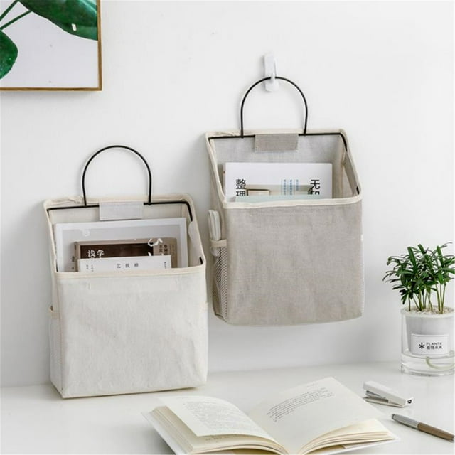 Xihbxyly Bolsa de Almacenamiento Colgante, Hecha de Lino y Algodón, con Montaje En Pared, Soporte de Metal Resistente, Ideal para Organizar El Hogar, Ideal para Revistas, Juguetes y Cosméticos, 22 X