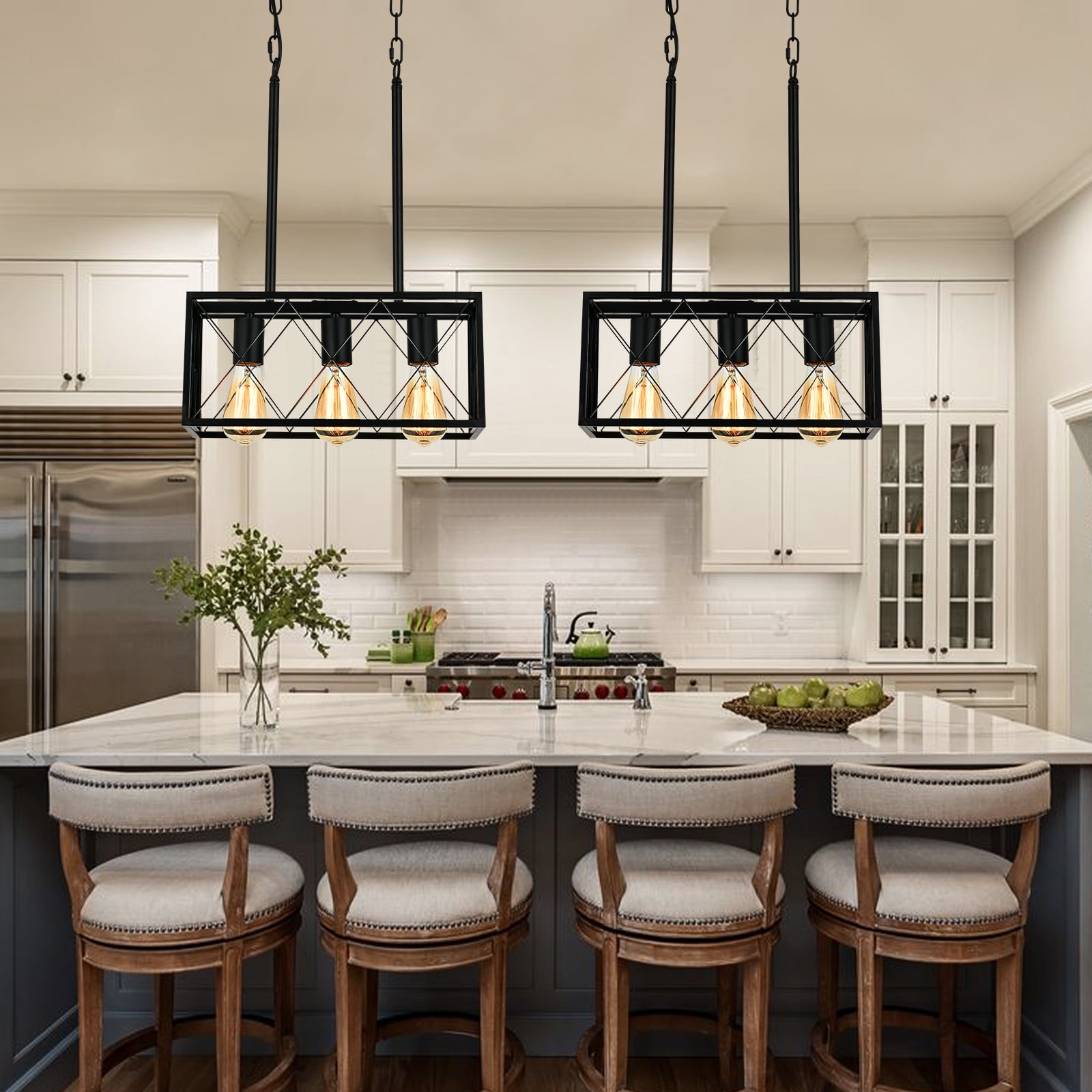 Kitchen Island Lighting, 3 Light Farmhouse Linear Chandelier for Dining Room Pool Table Pendant Light Fixture, Wood Grain FinishLength AdjustableBlack