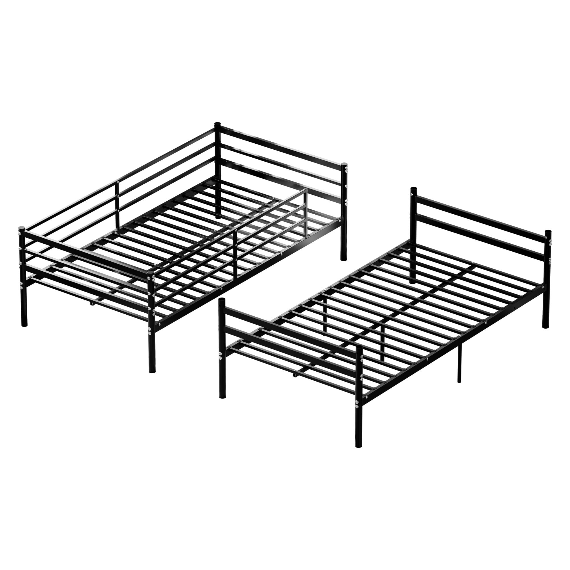 MAYEERTY Twin Over Twin Metal Bunk Bed, Heavy Duty Frame with Wooden Step Ladder and High Guardrail, Convertible Space-Saving Bed for Kids