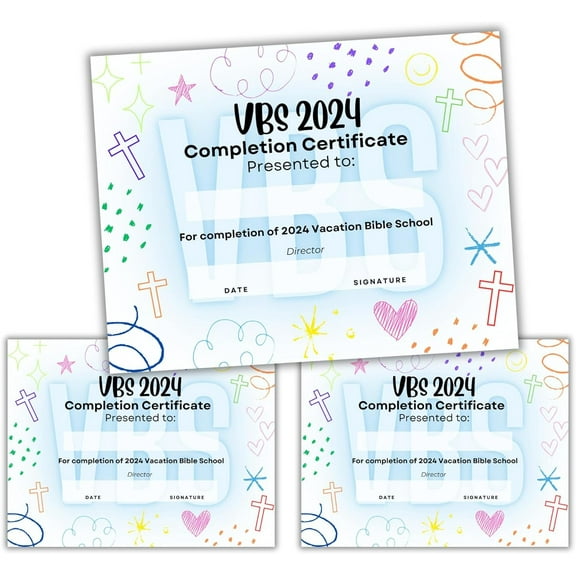 2024 VBS Vacation Bible School Certificate of Completion Award  50 pk 8.5x11 Attendance Award for Kids Religious Colorful Non-Denominational School Participation