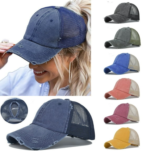 Washed Distressed Cotton Denim Ponytail Hat Adjustable Baseball Cap for Women Men