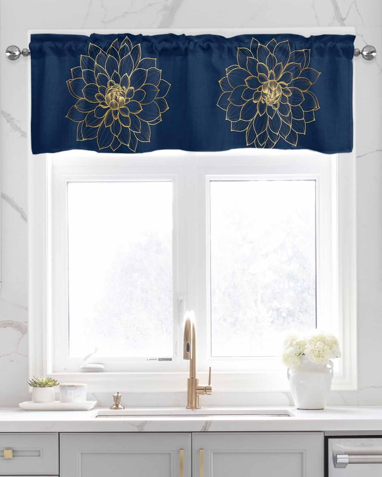 Navy Blue Yellow Spring Floral Kitchen Valances for Windows Farmhouse Linen Window Valance Curtain for Living Room Window Treatment Chic Blossoms Botanical Valance Rod Pocket Topper, 42 x 18 Inch