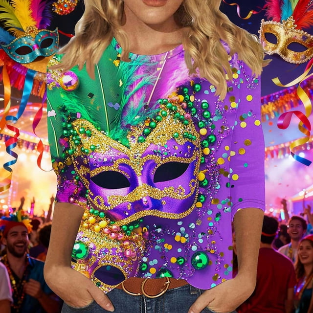 RKSTN Mardi Gras 3/4 Length Sleeve Womens Tops Oversized Crewneck Carnival Graphic Printed Three Quarter Sleeve T Shirt Women Casual Round Neck Funny Tuesday Carnival Party Loose Short Sleeve Shirt