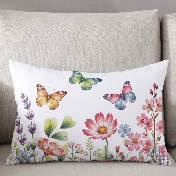 Decorative Pillow Cover 20x26 Inch Spring Floral Butterflies Lumbar Pillow Cover Pink Flowers Botanical White Soft Cushion Covers for Sofa Couch Bed, Living Room Home Decor