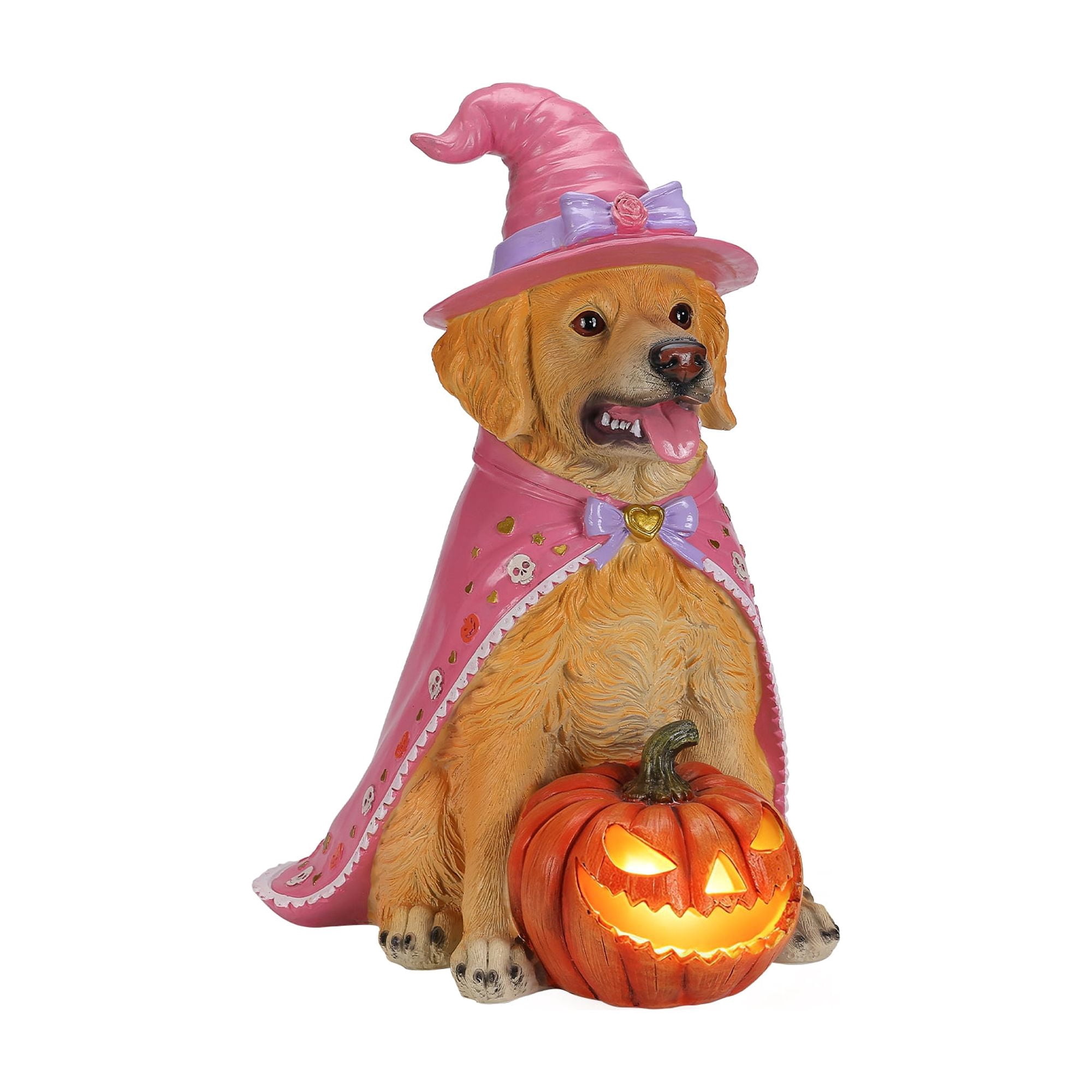 Golden Retriever Witch Halloween Statue, Light-Up Pumpkin, Resin Sculpture, Seasonal Decor