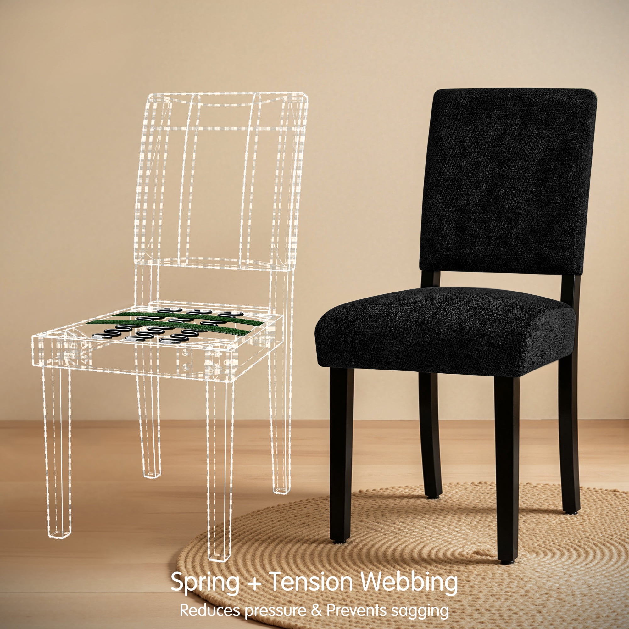 CHUN YI Chenille Upholstered Dining Chairs Set of 2, Open Back Kitchen Dining Room Chairs with Solid Rubberwood Frame, French Country Style, Black