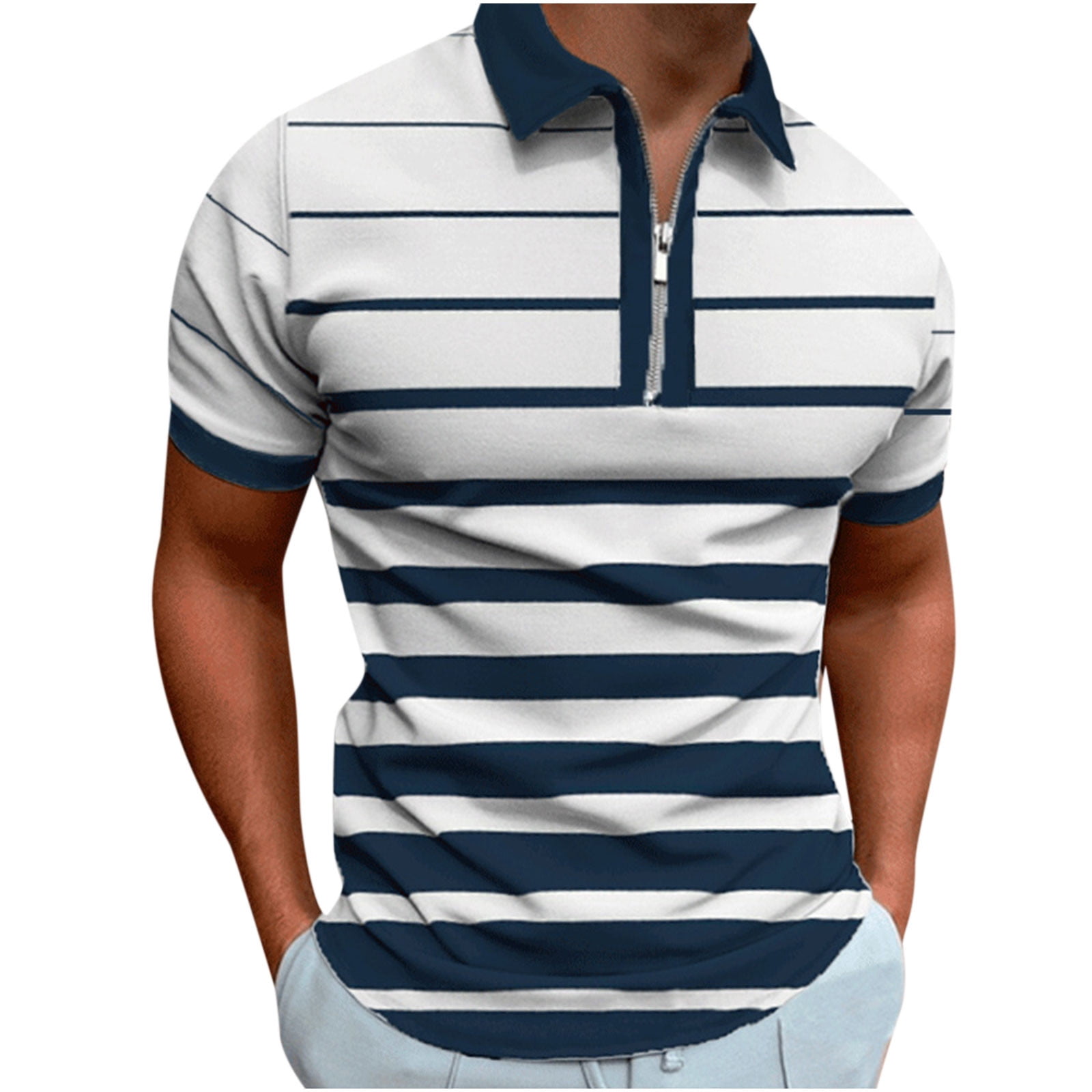 Men's 1/4 Zip Golf Polo Shirts Stripe Running Shirts Pullover Active Shirts  Turn Down Athletic Tennis T-Shirt Casual Collared Pullover Athleisure T- Shirt 