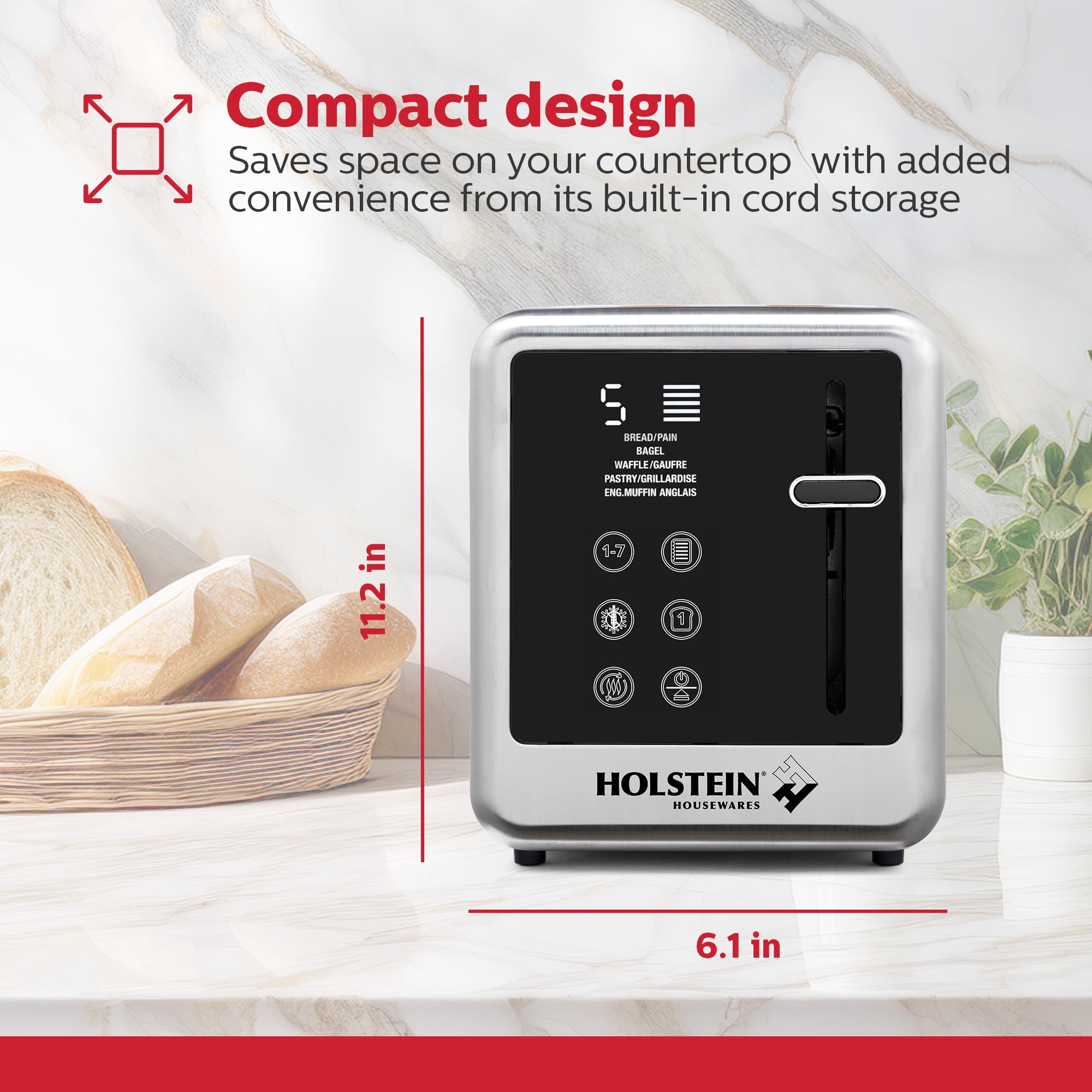 Holstein Housewares 2-Slice Digital Toaster with LED Display, Extra-Wide Slots, High-Lift Bread Release, Reheat and Defrost Functions, Compact Design, and Removable Crumb Tray