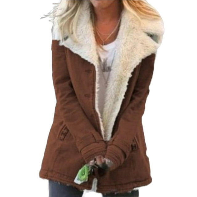 Innerwin Jacket Long Sleeve Ladies Coat Winter Warm Solid Color Thicken Plush Overcoats Brown XL