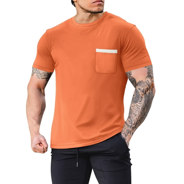 Playera Elvqul Hombre Naranja sin Estampado Mayor Manga Corta Gym Cuello Redondo