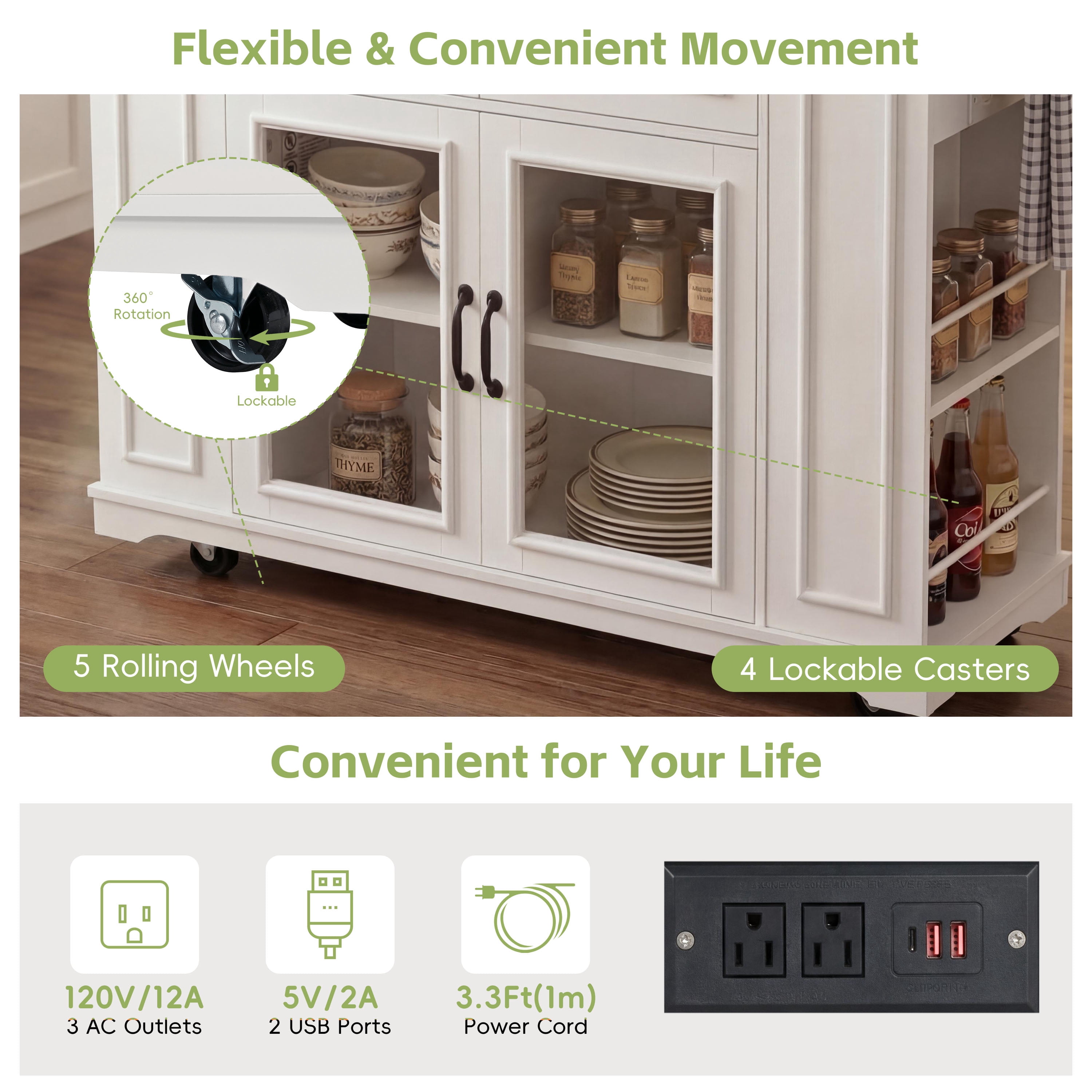 54" Mobile Kitchen Island with Glass Door Storage, Power Outlet & Open Shelves, Rolling Kitchen Cart with Towel Rack, Spice Rack & Knife Holder, Functional Kitchen Prep Table for Kitchen, Dining