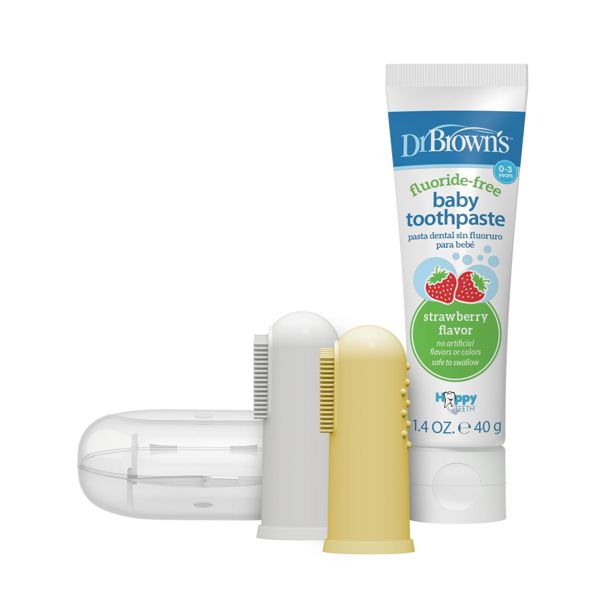 Dr. Brown's 100% Silicone Baby Finger Toothbrush, Gray/Yellow + Strawberry Baby Toothpaste, 0-3Y