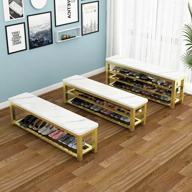 Taburete largo de acero y madera para cambiar zapatos, armario de almacenamiento, Zapatero, taburete de descanso de entrada, asiento para zapatos, silla de tienda