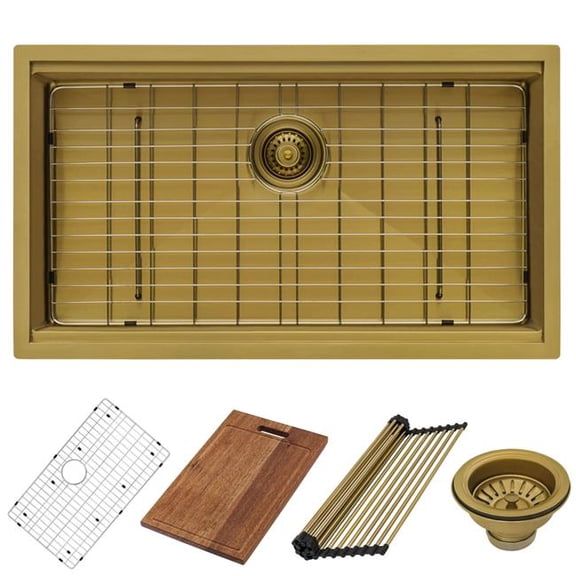 Ruvati RVH6530GG 30 in. Polished Brass Workstation Undermount Single Bowl Kitchen Sink, Matte Gold